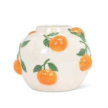 Load image into Gallery viewer, Large Round Vase with Oranges, round white ceramic vase with a glossy finish, decorated with raised orange fruit and green leaf accents, against a white background. 