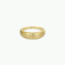 Load image into Gallery viewer, Gold Ridged Rings, 18K gold-plated ring with evenly spaced vertical etched ridges around the band with a wider front that narrows towards the back, and a smooth interior engraved with "JAXKELLY," against a white background. 