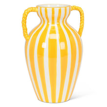 Load image into Gallery viewer, Large Yellow Striped Urn Vase, glossy yellow and white striped ceramic urn vase with a cinched waist, vertical stripes, flared neck, and yellow rope-style side handles, displayed against a white background. 