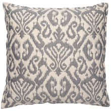 Load image into Gallery viewer, Ikat Jacquard Pillow, front view of a square cream throw pillow with a repeating gray ikat pattern on the front displayed against a white background. 