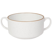Load image into Gallery viewer, Danica Soup Bowls, off-white stoneware soup bowl with a subtle reactive glaze and black speckles, featuring dual side handles, a tapered bottom portion, and a distinct flat light brown rim, against a white background. 