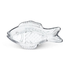 Load image into Gallery viewer, Swimming Fish Dish, clear fish-shaped glass dish with raised scale and fin detailing, against a white background. 