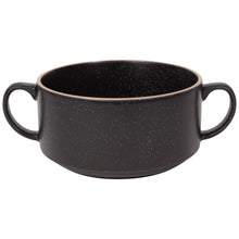 Load image into Gallery viewer, Danica Soup Bowls, matte black stoneware soup bowl with a subtle reactive glaze and fine white speckles, featuring dual side handles, a tapered bottom portion, and a distinct flat light brown rim, against a white background. 