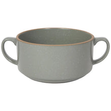 Load image into Gallery viewer, Danica Soup Bowl, gray stoneware soup bowl with a subtle reactive glaze and fine white speckles, featuring dual side handles, a tapered bottom portion, and a flat light brown rim against a white background. 