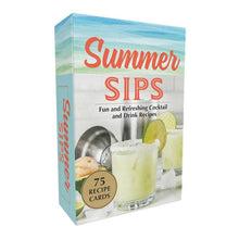 Load image into Gallery viewer, Summer Sips By Adams Media, boxed set of 75 recipe cards featuring a photographic image of two lime cocktails in clear glasses with white-rimmed edges, lime slices, and a stainless steel cocktail shaker on a white background, with an  aqua, blue, and green gradient design across the upper portion of the packaging,  against a white background. 