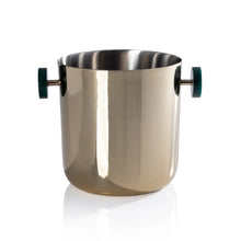 Load image into Gallery viewer, Gold finish metal ice bucket with round dark green resin handles displayed against a white surface.