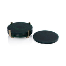 Load image into Gallery viewer, Three round dark green resin coasters with a marble pattern stacked in a gold-tone metal holder with ball feet, next to a single matching coaster. Displayed against a white background.  