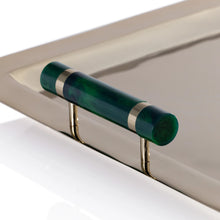 Load image into Gallery viewer, Close-up of a cylindrical green resin handle with gold-tone accents attached to a gold-tone alloy metal serving tray. Displayed against a white background. 