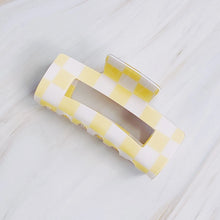 Load image into Gallery viewer, Checker Lovers Hair Claw | 5 Styles, rectangular hair claw clip with cutout center, featuring a white and yellow checkerboard pattern, displayed against a white background.  