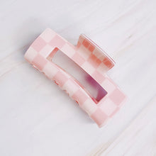 Load image into Gallery viewer, Checker Lovers Hair Claw | 5 Styles, rectangular hair claw clip with cutout center, featuring a white and pale pink checkerboard pattern, displayed against a white background. 
