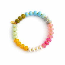 Load image into Gallery viewer, Color Garden Stone Beaded Stretch Bracelet, stretch bracelet featuring multicolored natural stone beads in shades of green, blue, pink, yellow, and white with gold-tone spacer beads and a small gold-tone logo charm, against a white background. 