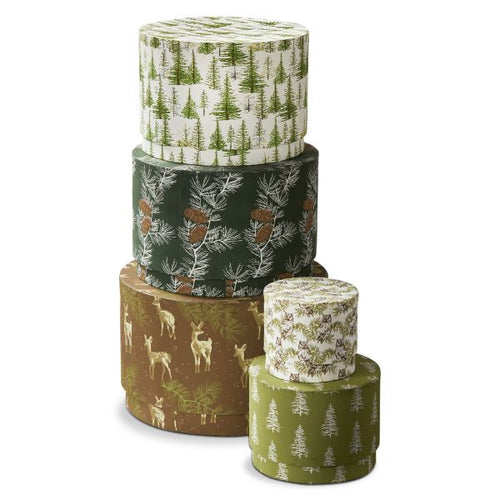 Fix round boxes in varying sizes and varying green and brown pine tree and branches prints. White background. 