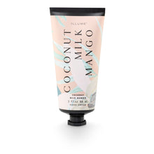 Load image into Gallery viewer, Coconut Milk Mango Demi Hand Cream, pale pink squeeze tube with pale aqua botanical accents, a white coconut illustration, black cap, and black crimped end standing upright against a white background. 