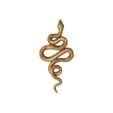 Load image into Gallery viewer, Gold Resin Snake Wall Décor, overhead view of a gold snake with textured scales, tapered head, and winding S-shaped body with curled tail arranged vertically against a white background. 