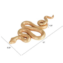 Load image into Gallery viewer, Gold Resin Snake Wall Décor, full view of a gold snake with detailed textured scales, tapered head, and a winding S-shaped body, with a dimension graphic showing 12 inches long, 6.25 inches wide, and 1.25 inches high against a white background