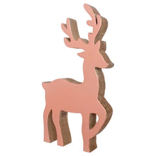 Load image into Gallery viewer, Pink Dancing Deer, angled view of a freestanding mango wood deer with a pink front, branching antlers, and one raised front leg, showing its natural wood thickness along the side against a white background.