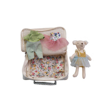 Load image into Gallery viewer, Open cream-colored fabric suitcase with floral bedding and pillow, displayed alongside a small white plush bear wearing a yellow top and blue tulle skirt. Additional outfits, including a green top, light blue pants, floral top, and a pink tulle skirt arranged on top of the suitcase, displayed against a white background.      