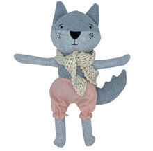 Load image into Gallery viewer, Gray plush raccoon toy with stretched-out  arms, wearing blush pink bloomers and a knitted cream-colored Australian merino wool scarf, shown standing against a white background. 