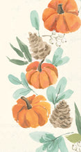 Load image into Gallery viewer, Orange pumpkins, brown pinecones, white berries, and green leaves with a white background.