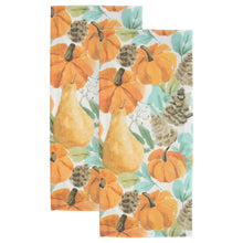 Load image into Gallery viewer, Set of two folded tea towels with a harvest themed design featuring orange pumpkins, gourds, brown pinecones, white berries, and green leaves on a white background. 