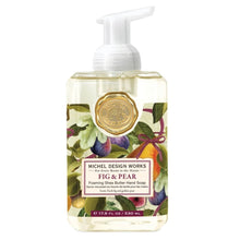 Load image into Gallery viewer, Fig &amp; Pear Foaming Soap, front view of a clear rectangular plastic bottle filled with pale yellow soap and topped with a white foaming pump, with a gold-colored seal above an illustrated label of purple figs, golden yellow pears, green leaves, and burgundy ribbon surrounding a cream “Fig &amp; Pear” label, against a white background.