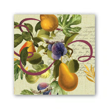 Load image into Gallery viewer, Fig &amp; Pear Cocktail Napkin, square paper napkin printed with golden yellow pears, purple and green figs, leafy branches, and looping burgundy ribbon illustrations over a pale green background with faint handwritten script, against a white background.