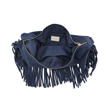 Load image into Gallery viewer, Midnight Reba Hobo, overhead view of the open bag showing its navy fabric-lined interior, inner zip pocket, cream brand label, and metal top zipper, with matching suede fringe around the exterior against a white background.