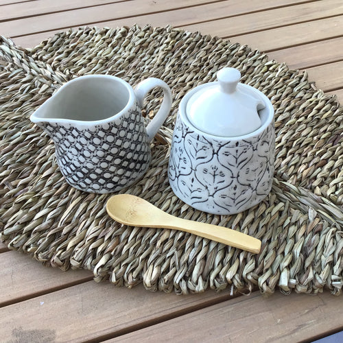 Hand-stamped Creamer and Sugar Jar