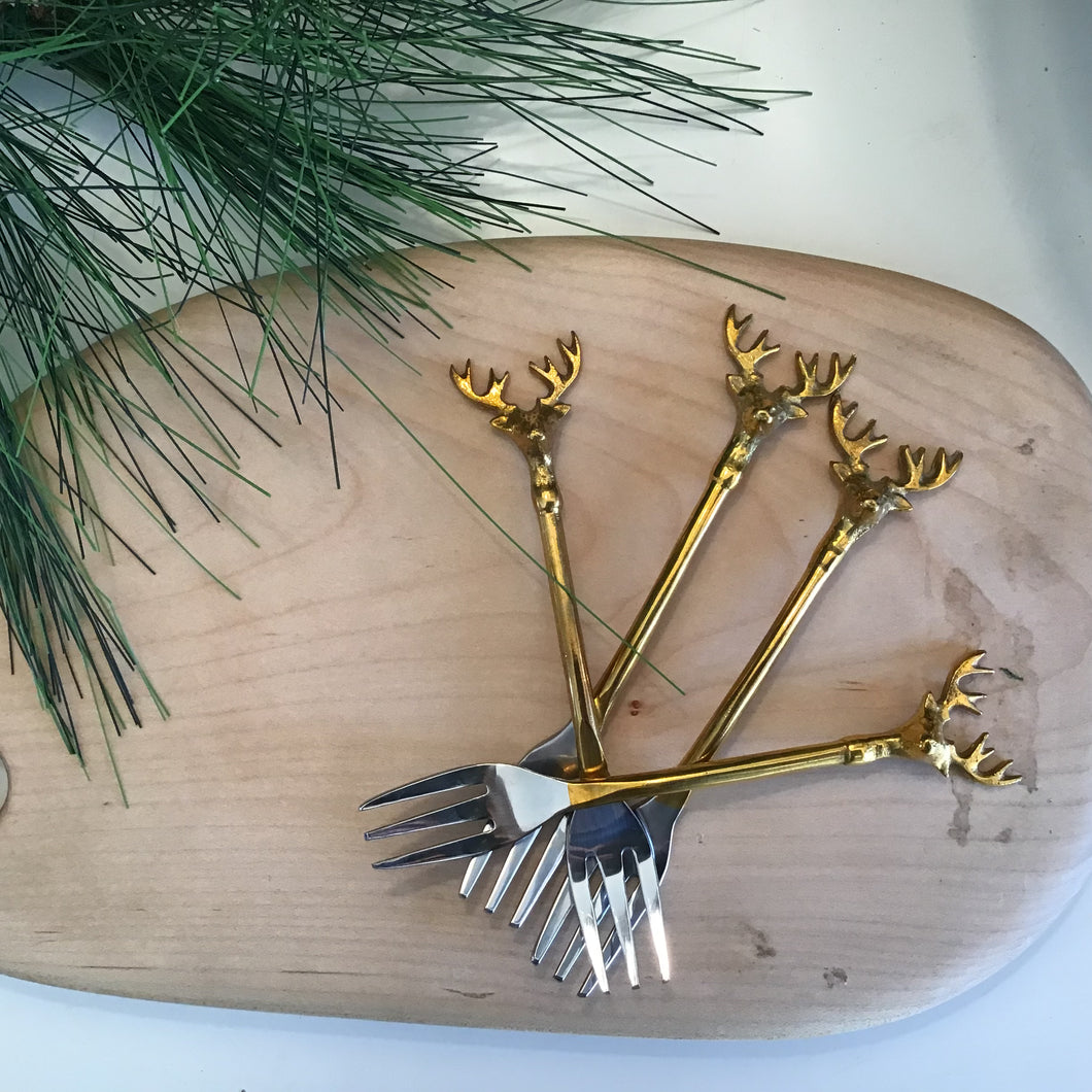 Brass Reindeer Appetizer Forks | Set of 4