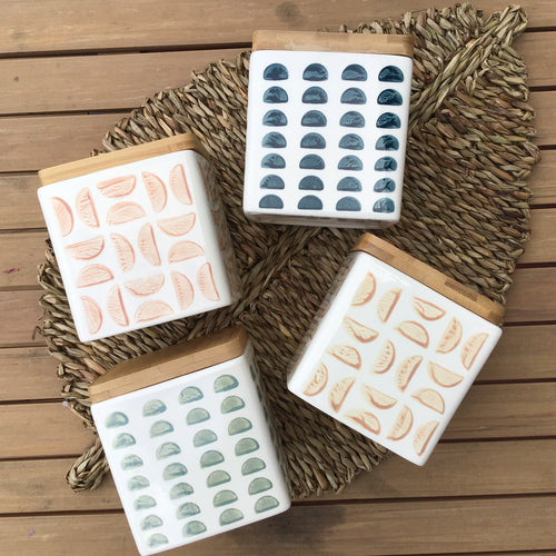 Square Stamped Stoneware Canisters | 4 Styles