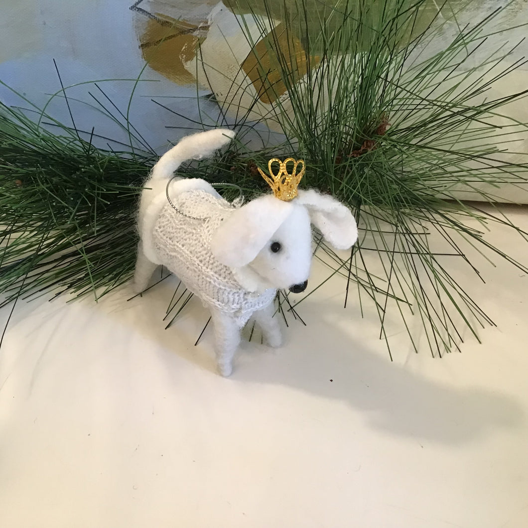 White Dog with Crown Felt Ornament